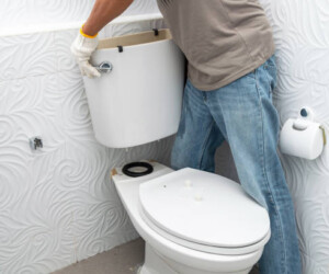 Man worker repairing with toilet tank in bathroom, close-up, photography grain, noise.