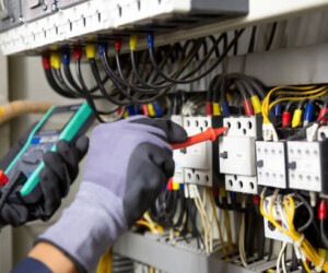 Electrician engineer tests electrical installations and wires on relay protection system. Adjustment of scheme of automation and control of electrical equipment.