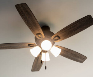 Residential ceiling fan in motion on a white ceiling.